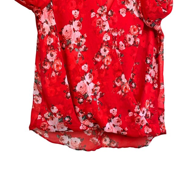 Kut From the Kloth Jenalee Sheer Red Floral Surplice Faux Wrap Blouse - Picture 2 of 9